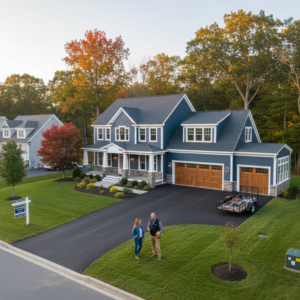 Finished residential construction and remodeling project at a New Hampshire home in a suburban neighborhood, showing local-style house exterior in a New England setting with homeowners and contractor talking in the yard, summer-fall season